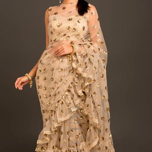 Saree à volants exclusif de créateur élégant avec un beau travail à la main et des perles de verre en pierre idéale pour le mariage et la fête - Product Image 1