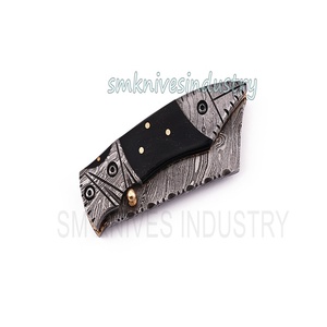 Couteau de poche pliable fait à la main, outil de damas avec une gaine en cuir (smk1318) - Product Image 4