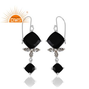 Dark Black Onyx Gemstone <b>Earrings</b> Captivating Duo Designer 925 <b>Fine</b> Silver <b>Dangle</b> Hook <b>Earrings</b> Jewelry Supplier - Product Image 2