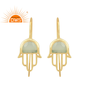 Hamsa Hand Design 925 Silver Gold Plated Hook <b>Dangle</b> <b>Earrings</b> Prehnite Chalcedony Gemstone <b>Earrings</b> Wholesale Jewelry - Product Image 1
