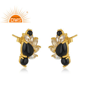 Boucles d'oreilles en cristal naturel Onyx noir avec pierres précieuses en argent 925 Fabricant de bijoux de créateur Collection classique - Product Image 2