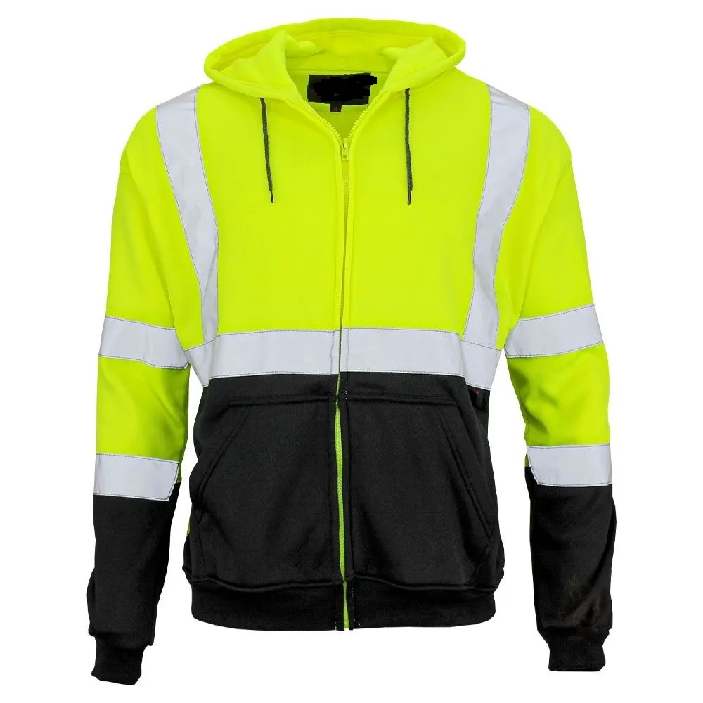 Hi- Vis Werkkleding Mannen Hoge Zichtbaarheid Klasse 3 Black Bottom Full Zip Fleece Hoodie Sweatshirt Lichtgewicht