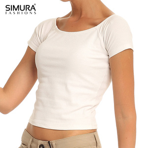 Haut court côtelé en coton respirant à col rond et manches courtes pour femme SIMURA - Product Image 1