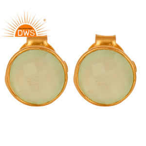 Ronda 18K chapado en oro de plata verde Calcedonia piedras preciosas señoras Stud pendiente joyería proveedor colección clásica - Product Image 1