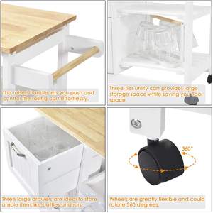 Chariot de service de bar de cuisine industrielle Chariot de rangement utilitaire à roulettes Étagères à 3 niveaux Chariot d'îlot de cuisine en bois - Product Image 3