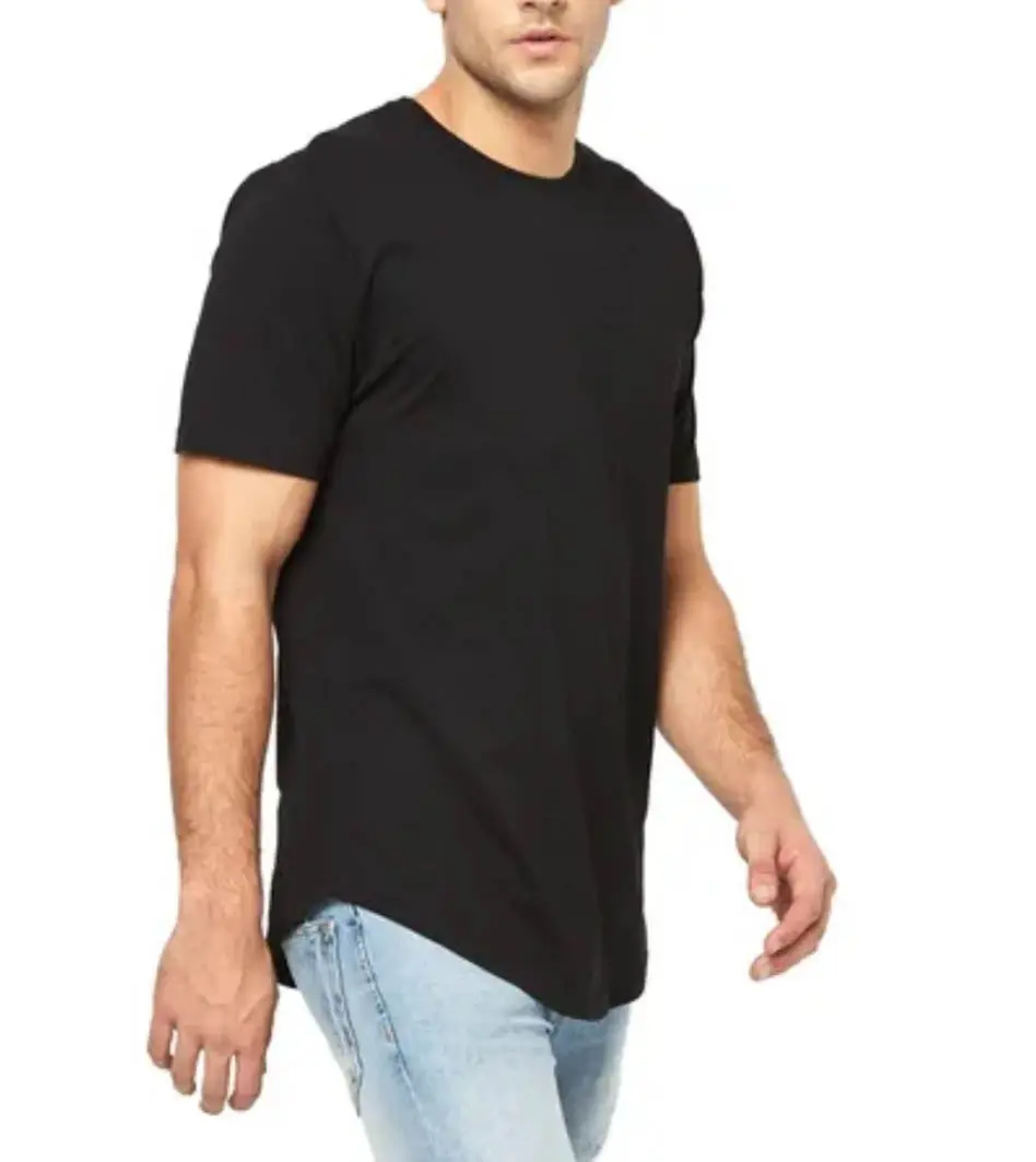 근육 맞춤 롱 라인 곡선 헴 티셔츠 슬림 피트 체육관 티셔츠