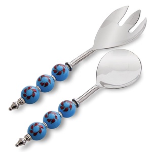 Stainless Steel Cutlery Salad Server Fork and Spoon Set of 2 Stainless Steel With Blue Bead and <strong>Red</strong> Climber Beads <strong>Handle</strong> - Product Image 1
