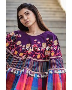 Vestido Midi Bohemio para Mujer, con Bordado Floral, Cuello Redondo, Manga Farol Holgada, 100% Algodón Ecológico, Dobladillo a Cuadros Morado, Estilo Casual de Verano - Product Image 3
