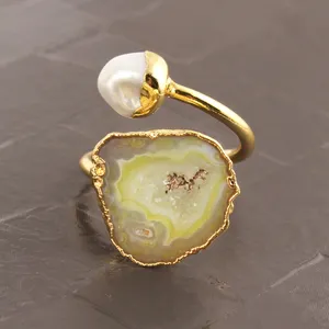 Wholesale price natural lemon geode druzy & fresh water pearl ring electroplating ring good price adjustable unisex ring jewelry