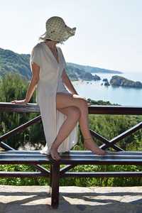 New arrival fashionable white color crepe v-neck lainar print half sleeve floor-length for women linen <b>dress</b> - Product Image 4