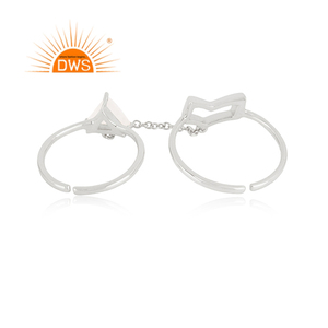 Arrow Design Fine Sterling Double <b>Finger</b> Silver Wedding <b>Ring</b> with Rainbow Moonstone Gemstone Trendy Bezel Setting for Women - Product Image 3