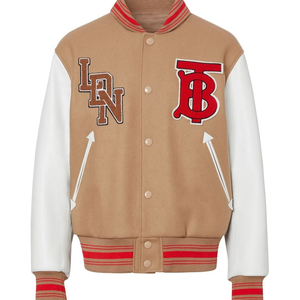 Chaqueta universitaria de lana con letras ajustadas a la moda de invierno para hombre con manga de cuero genuino - Product Image 1