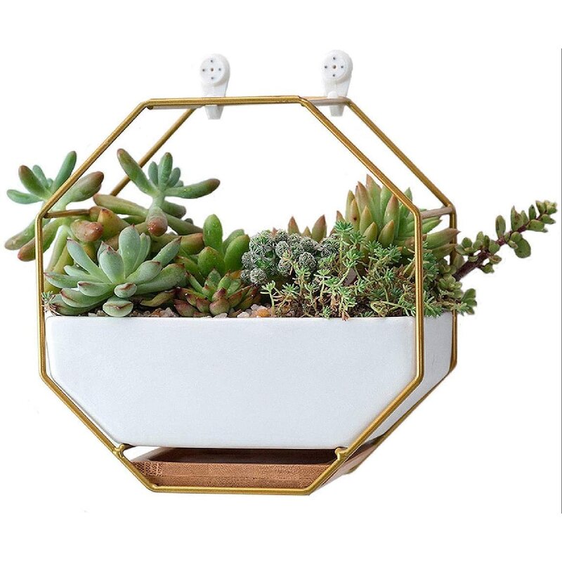 White Ceramic Wall Planters Vase and Copper Drainage Hole with Bamboo Tray Succulent Pot Air Plants Mini Cactus Artificial