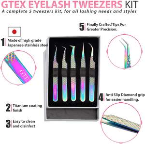 Pince à épiler japonaise en acier inoxydable pour extension de cils Ensemble de 5 outils comprenant une pince à épiler droite courbée à 45 et 90 degrés - Product Image 2