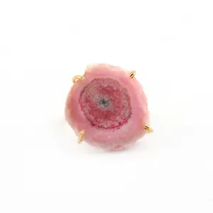 Заявление круглой формы ручной работы латунное кольцо розовый Солнечный кварц драгоценный камень кольца оптом Позолоченные ювелирные изделия. Режим Joyas R-118
