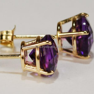 Pendientes de piedras preciosas hechos a mano de cuarzo amatista de Plata de Ley 925 hermosa joyería chapada en oro - Product Image 2