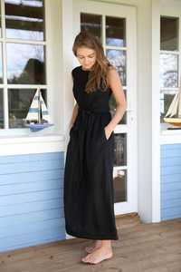 Robe longue en lin noire, sexy, tendance, au design actuel, en tissu crêpe, col rond, sans manches, pour femme. - Product Image 2