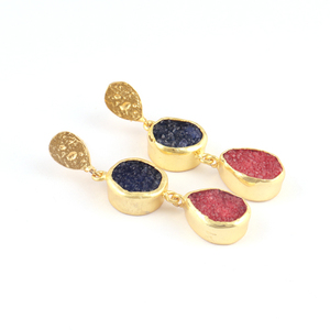 Boucles d'oreilles pendantes Druzy en cristal naturel plaqué or 18 carats, longue paire, bijoux cloutés en laiton à la mode - Product Image 6