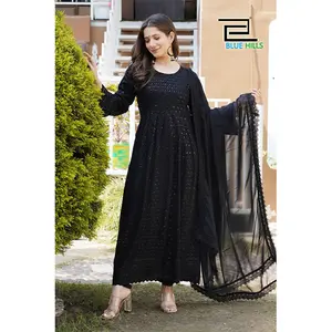 Hot Selling Readymade Indian Wear Anarkali Sequence Chikankari Embroidery Kurti with Dupatta Set for Girls Ladies Black Color