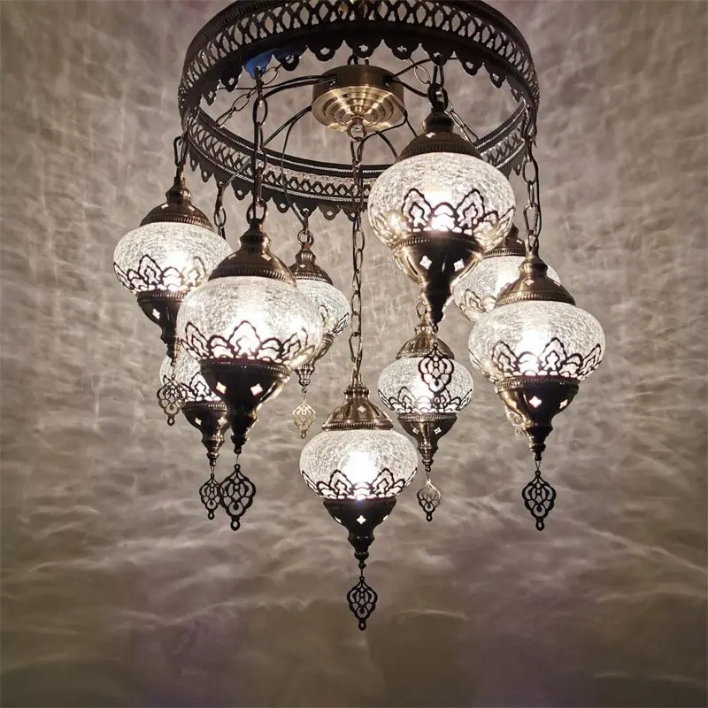 Турецкая Марокканская Арабская мозаика, овальная люстра с 9 лампочками, подвесной светильник в стиле арт-деко, комплект из бронзового прозрачного трещинистого стекла