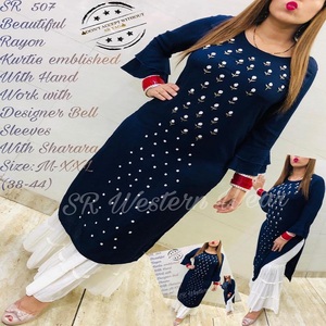 Conjunto informal de dos piezas para mujer, recién lanzado, estilo Reyon Kurti Sharara, puños bordados hechos a mano, botones de encaje, otoño Vintage - Product Image 1