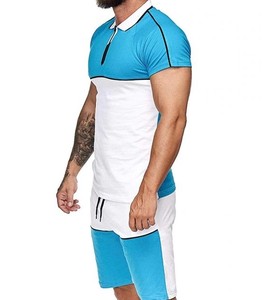 เสื้อยืดครึ่งกระดุมบล็อกสี,ชุดเซ็ทกางเกงขาสั้นแบบผูกเชือกลำลองสำหรับฤดูร้อน - Product Image 1