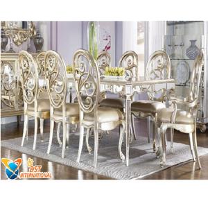 Juego de comedor Victoriano de lujo europeo, madera de teca, acabado blanco de alto brillo, diseño tallado francés para comedor - Product Image 1