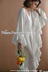 Robe longue décontractée d'été pour femmes, style bohème, tissée blanche, à volants, manches courtes, col rond, pour la plage - Product Image 2