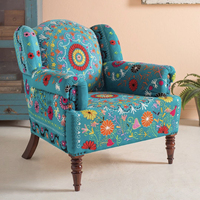 Fauteuil d'appoint moderne en coton bleu brodé fait main, avec dossier ailé, rembourré, en mousse écologique, pour OEM et personnalisation