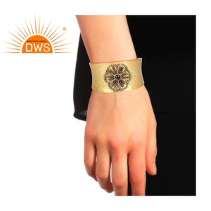 Indian Gold Plated Sterling <b>Silver</b> <b>Cuff</b> Bangle Jewelry Supplier Zirconia Smoky Quartz Statement <b>Cuff</b> Bangle for Women's Jewelry - Product Image 4
