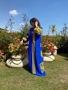 Robe longue en lin, bleu, style Boho, longue tenue en lin, mode chaude, bleu, robe de vacances brodée, Kaftan, grande taille, été, - Product Image 2