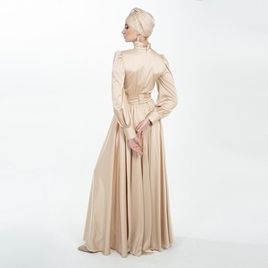 Vestido Abaya con capa ajustada para mujer musulmana, vestido de boda islámico modesto, exclusivo, Color Beige, tocado - Product Image 3