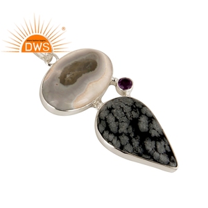 De plata maciza 925 chicas grueso venta al por mayor de joyería colgante de cuarzo Solar Obsidiana Copo de nieve colgante de piedras preciosas colgante proveedor de joyas - Product Image 2