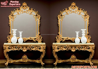 Table console moderne antique en teck massif avec miroir de console doré en bois sculpté à la main richement décoré