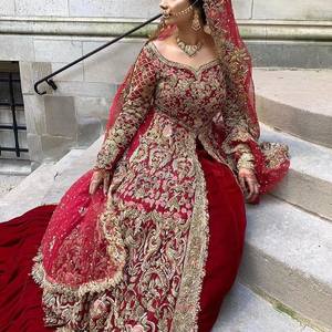 Impresionante vestido de novia indio/paquistaní, largo hasta el suelo con adornos en cuentas de cristal, trabajo de piedra para boda-2020 - Product Image 1