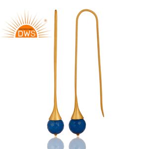18k Gold Plated Designer Silver Stick Dangle Earrings Blue Chalcedony Gemstone Earrings Jewelry Wholesale - Product Image 2