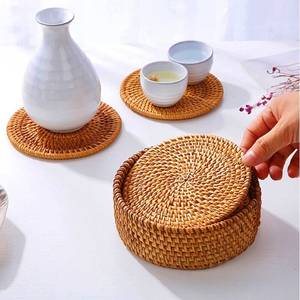 Set of 6 natural rattan coaster with cover box 100% natural rattan material