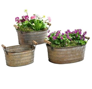 Set of 3 High Quality Galvanized <b>Planter</b> New Design Oval Shape <b>Wooden</b> Handle for Backyard Decoration Bulk Flower Pots <b>Planters</b> - Product Image 1