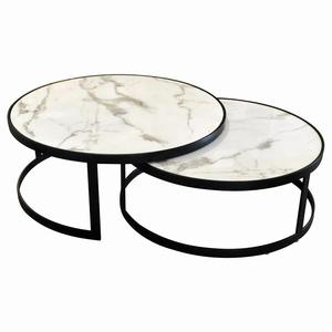 Modern Luxury <b>White</b> Marble Coffee Accent <b>Table</b> <b>Round</b> New Living Room Set With Iron Black Adjustable Wooden Material - Product Image 1
