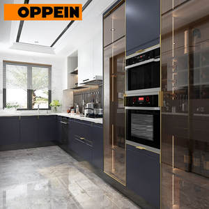 Gabinetes de Cocina Altos Modernos en Laca Azul Marino con Puertas de Vidrio, Grifo para Fregadero, Bisagras y Correderas para Cajones - Product Image 2