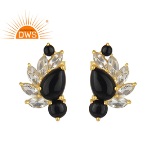 Boucles d'oreilles en cristal naturel Onyx noir avec pierres précieuses en argent 925 Fabricant de bijoux de créateur Collection classique - Product Image 1
