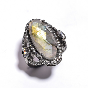 Bague en argent sterling 925 plaqué noir Micro pavé Design pierre précieuse Labradorite naturelle cadeau d'anniversaire de mariage Fine fête Hip Hop - Product Image 1