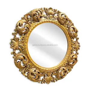 Miroir à cadre rond en bois massif sculpté avec feuille dorée, couleur miroir