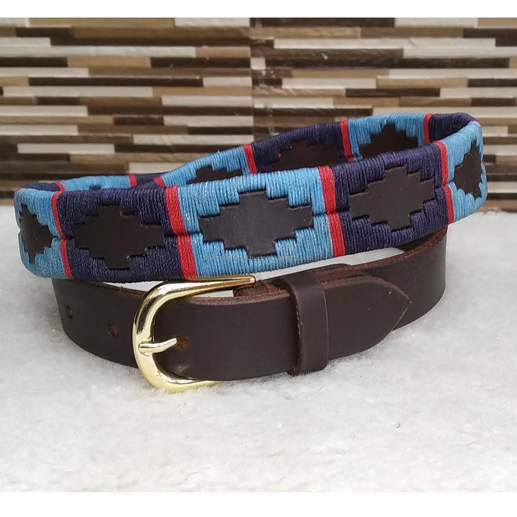 Top Quality -Polo Belt made of best quality Indian Leather - Navy Blue and Ice Blue with Red Strip