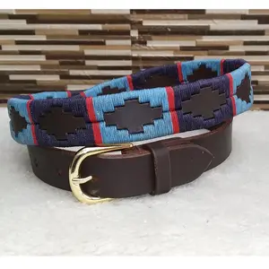 Ceinture Polo de bonne qualité en cuir indien, couleur bleu marine et bleu glacé, avec bande rouge, nouvelle collection