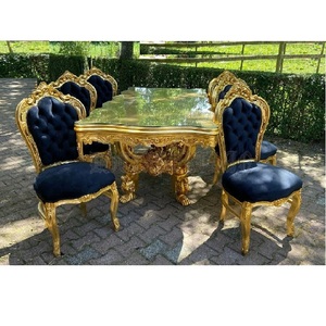 Juego de mesa de comedor de madera tallada de estilo real, muebles de lujo de diseño, conjunto de comedor con forma de corazón dorado - Product Image 1