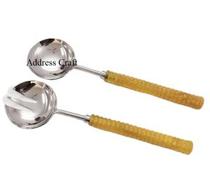 Decorative Yellow Resin Handle Stainless Steel <b>Salad</b> Serving Spoon Fork Set Hot Selling <b>Salad</b> <b>Tools</b> Tableware Used <b>Salad</b> Server - Product Image 1