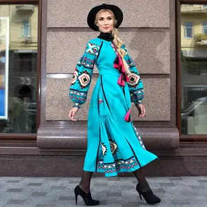vyshyvanka长款绿松石连衣裙民族风格带楔形abaya卡夫坦长袍乌克瑞安连衣裙