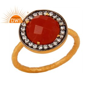 Natural Red Onyx CZ Ring Gemstone Jewelry Supplier <b>Yellow</b> Gold Plated Solid Silver Ring Jewelry Manufacturer - Product Image 1