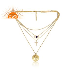 Pendentif en laiton plaqué or, bijoux religieux, CZ et Lapis, pour femmes, vente en gros - Product Image 2